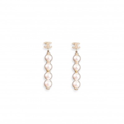 CHANEL METAL PEARL CC LOGO DROP EARRINGS WHITE GOLD 